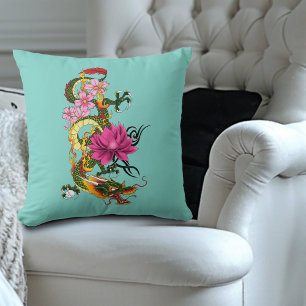 Coussin Tatouage de dragon chinois vert gras lotus sarcell