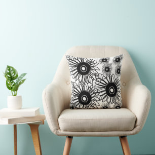 Coussin Tatouage Tournesol Floral Noir Blanc Tatouage Fleu