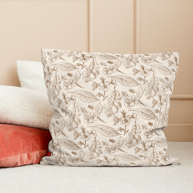 Coussin Taupe botanique Brown Feuilles ivoire motif floral (Créateur téléchargé)