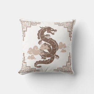 Coussin Taupe Brown Chinoiserie Dragon et Nuages