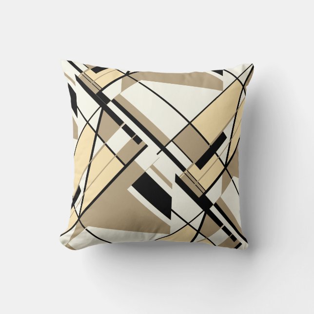 Coussin Taupe Crème Noir Blanc Abstrait Art Angulaire Moti (Recto)