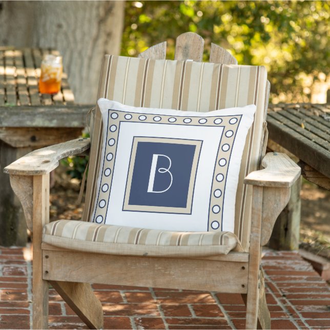 Coussin Taupe personnalisé Beige Dark Navy Bleu Pois Art (Chaise)