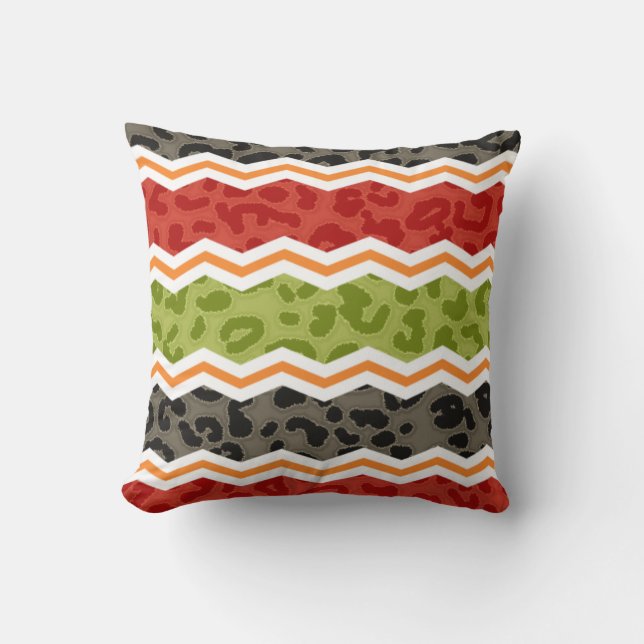 Coussin Taupe, rouge, vert et léopard orange (Recto)