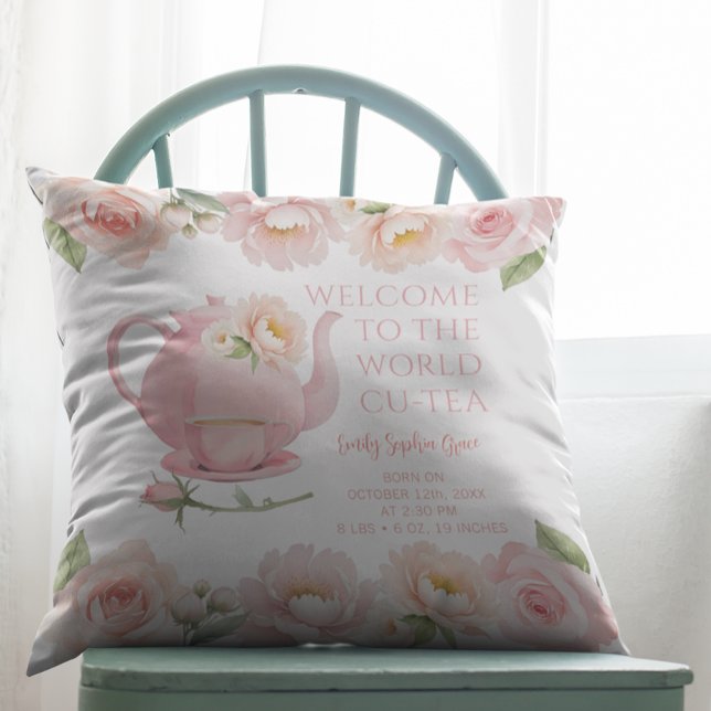 Coussin Tea Party Baby Girl Birth Stats Floral Keepsaké (Baby Keepsake Throw Pillow)
