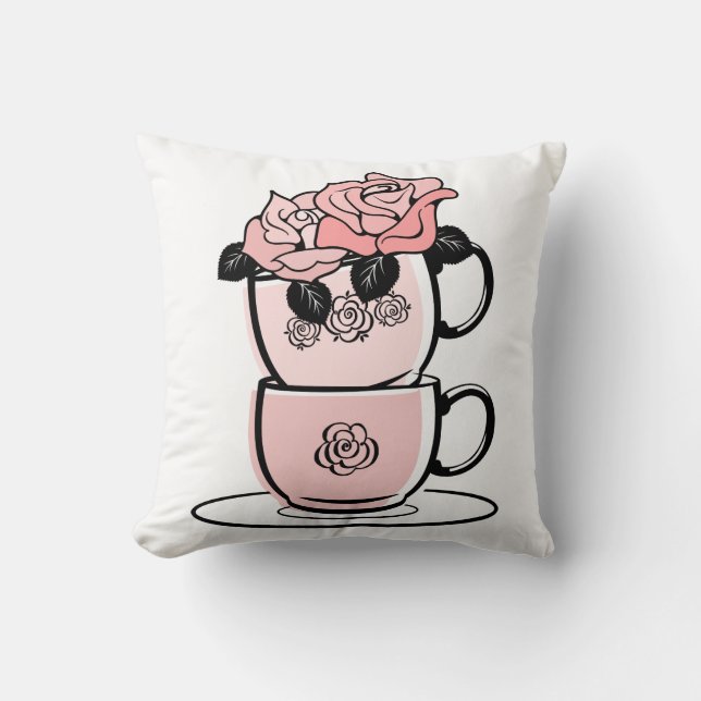 Coussin Teacups et fleurs roses Jeter l'oreiller (Recto)