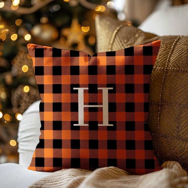 Coussin Teal Black Buffalo Plaid Monogram Holiday (Créateur téléchargé)