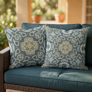 Coussin Teal Blue Ochre Moutarde Vert Art Tribal Orient