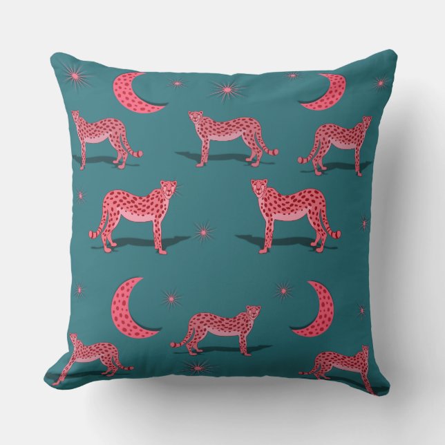 Coussin Téal Boho Guépard et Lune Rose  (Recto)
