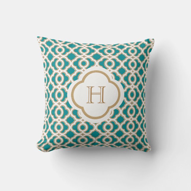Coussin Teal et monogramme de Marocain d'or (Recto)