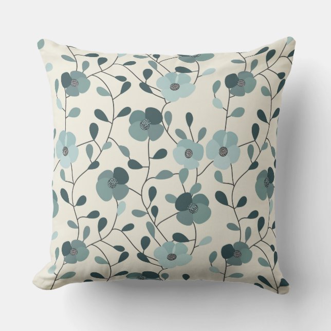 Coussin Teal Green and Beige Floral Throw Pillow (Recto)