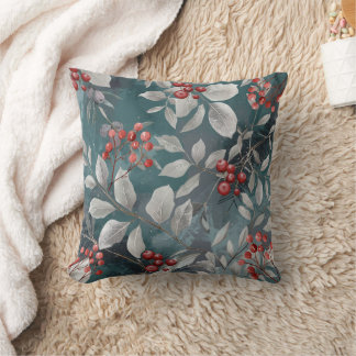 Coussin Teal Green, Blue Pillow with Berries