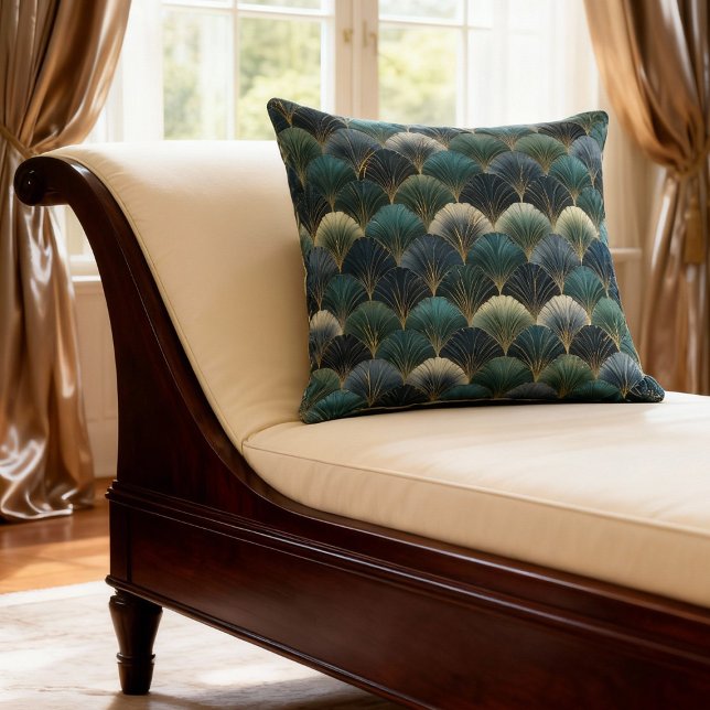 Coussin Teal Navy Gold Art Deco Fan Pattern (Créateur téléchargé)