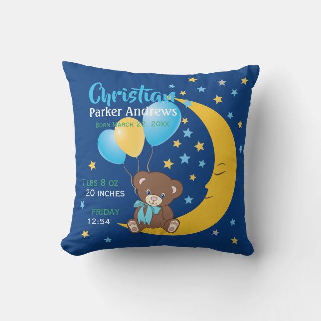 Coussin Teddy Bear assis sur la Lune Baby Birth Statistiqu (Recto)