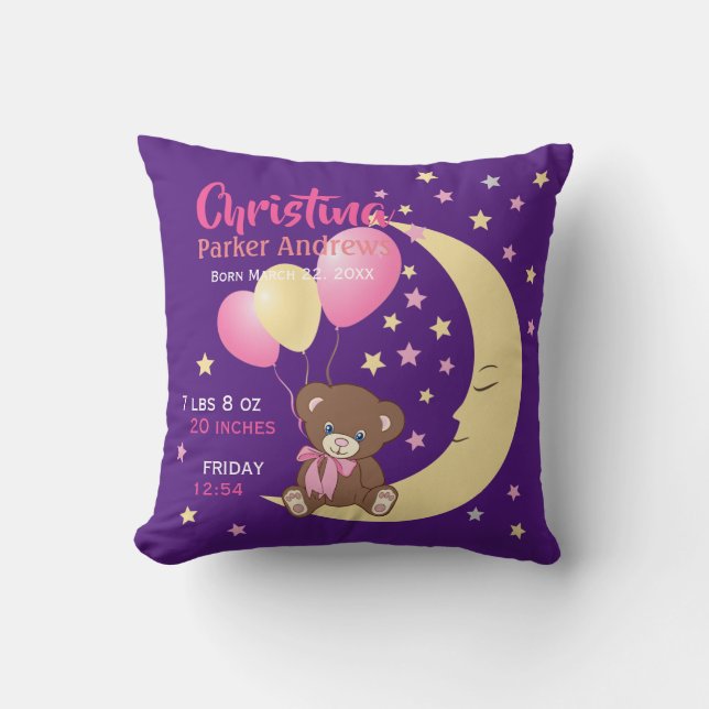 Coussin Teddy Bear assis sur la Lune Baby Birth Statistiqu (Recto)