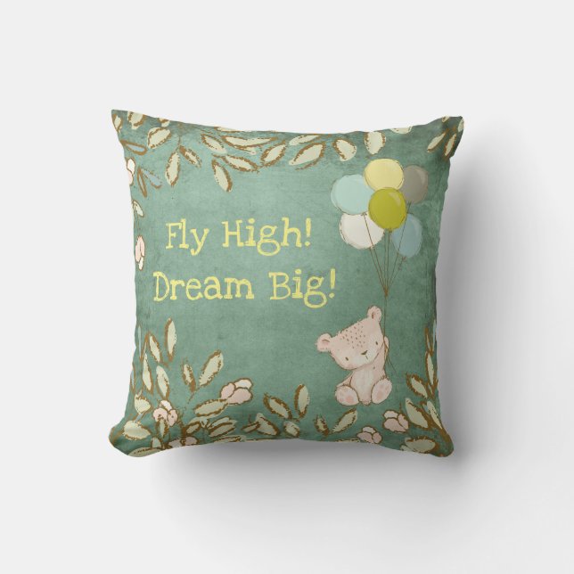 Coussin Teddy Bear Voler High Dream Balloons Green Typo (Recto)