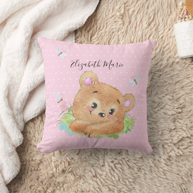 Coussin Teddy Ours rose thème bébé fille douche cadeau cad (Couverture)