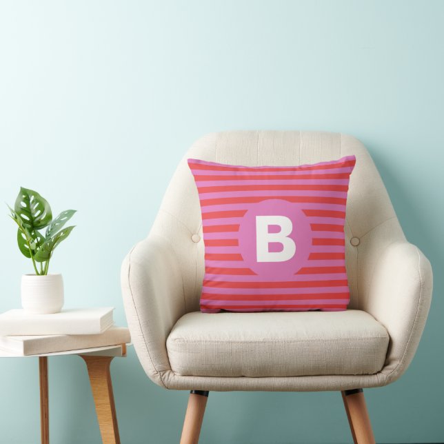 Coussin Teintes vives de rose rayé monogrammé (Chaise)