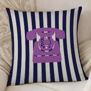 Coussin Téléphone vintage sur rayures bleu minuit