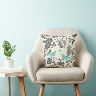 Coussin Tendance Gris Menthe Floral Oiseau Moderne Vintage
