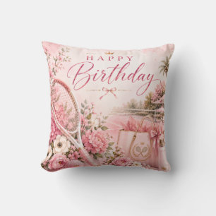 Coussin Tennis Rose Joyeux Anniversaire Aquarelle Florale 