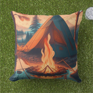 Coussin Tente et feu de camp couleurs vintage Art