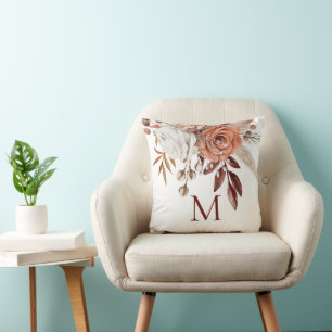 Coussin Terracotta Flores d'automne Monogramme initial