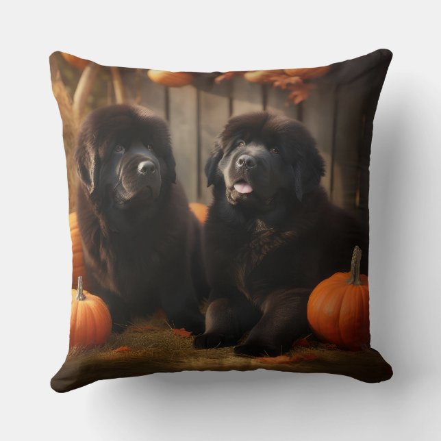 Coussin Terre-Neuve Chiot Automne Citrouille de plaisir (Verso)