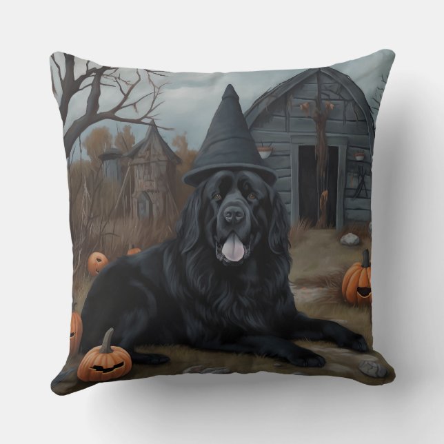 Coussin Terre-Neuve Citrouille Halloween effroi (Verso)