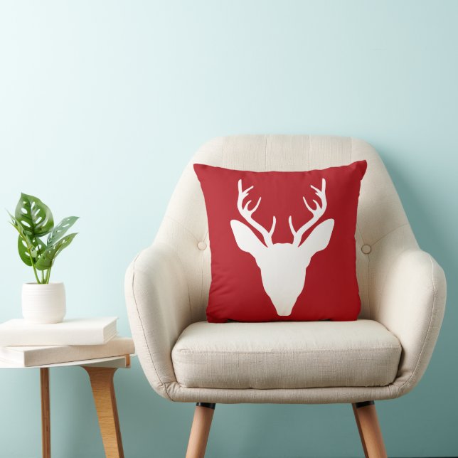 Coussin Tête de cerf blanc Silhouette sur rouge (Chaise)