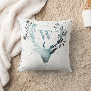 Coussin Tête de cerf d'hiver Monogramme Bleu Argent Noël
