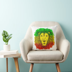 Coussin Tête de lion rasta rouge jaune vert dessin Jamaïqu