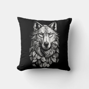 Coussin tête de loup animal feuille dessin d'art original