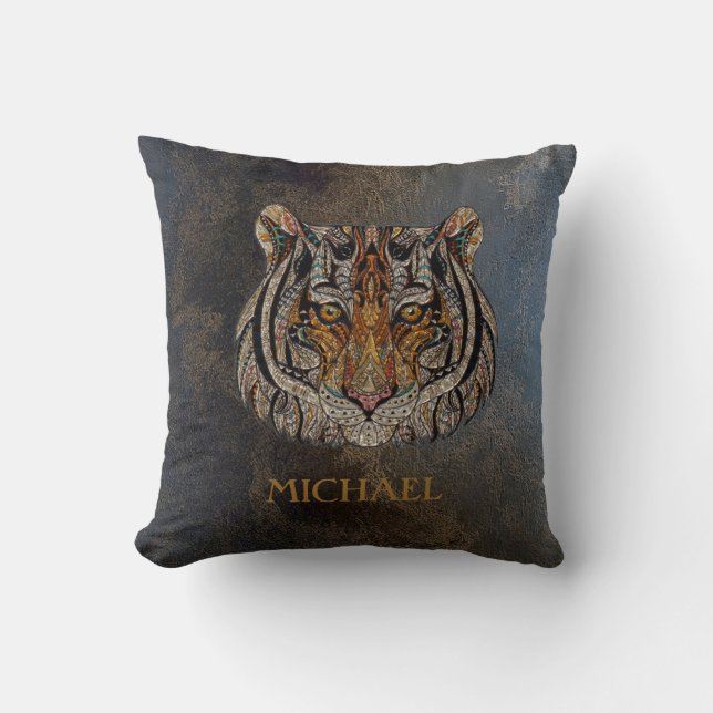 Coussin Tête de tigre, visage, look cuir (Recto)