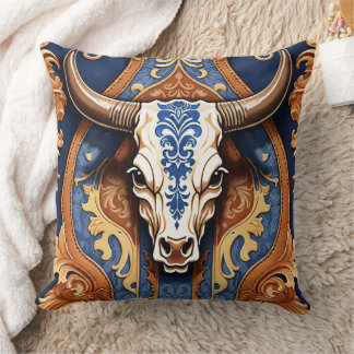 Coussin Tête de vache en cuir western style ranch ouvragé
