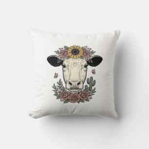 Coussin Tête de vache florale dessin vintage gravure Desig