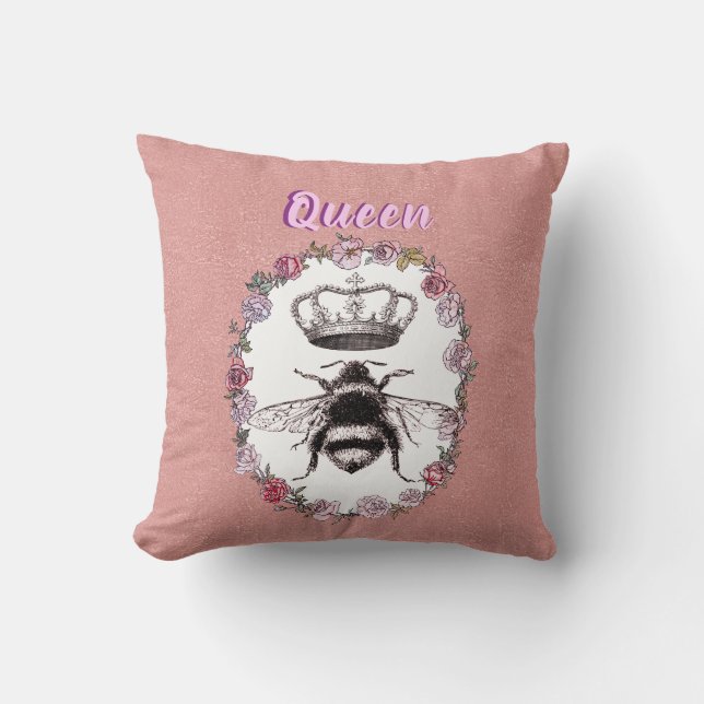 Coussin Texte personnalisé/ Rose Aquarelle de couronne or (Recto)