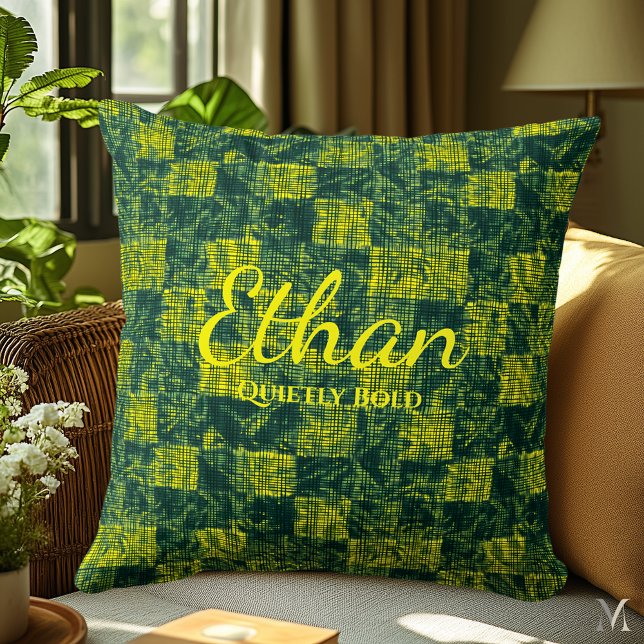 Coussin Texture de denim vert et jaune | Bold Custom Home (Créateur téléchargé)