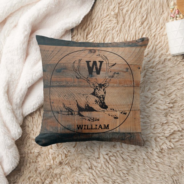 Coussin Texture en bois rustique et monogramme de cerfs su (Couverture)
