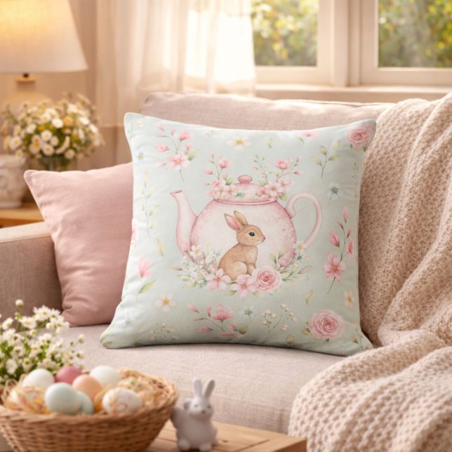 Coussin Théière de Pâques florale Lapin Fantaisiste (Créateur téléchargé)