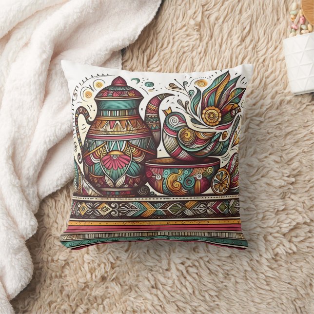 Coussin théière et bol artistiques avec motifs complexes (Couverture)