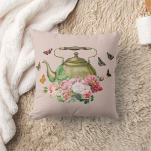 Coussin Théière Fête Rose Floral & Papillons Bouilloire