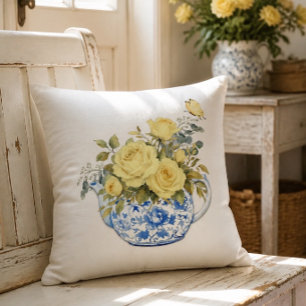 Coussin Théière jaune rose bleu et blanc