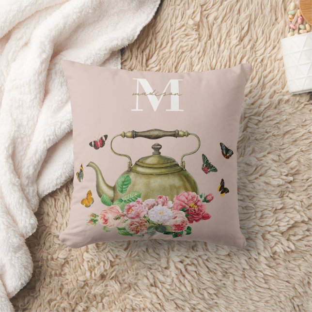 Coussin Théière Party Fleurs Roses et Papillons Monogramme (Couverture)