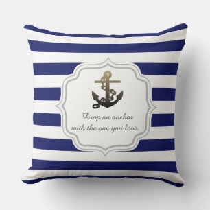 Coussin Thème Nautique Ancre Sur Motif Rayure Bleue