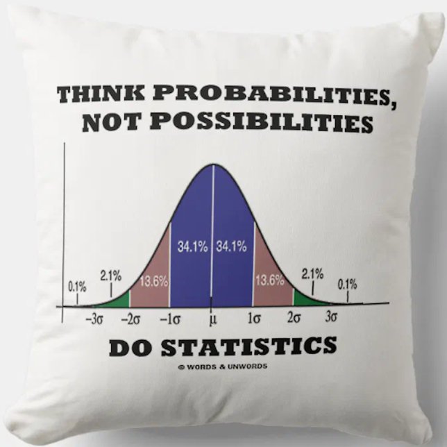 Coussin Think Probabilities Not Possibilities Statistics (Stats advice throw pillow featuring bell curve distribution for any hypothesis tester!)