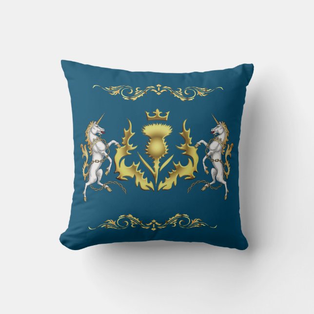 Coussin Thistère écossais à couronne dorée en bleu (Recto)