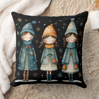 Coussin Three Cozy Girls in Snow Throw Pillow