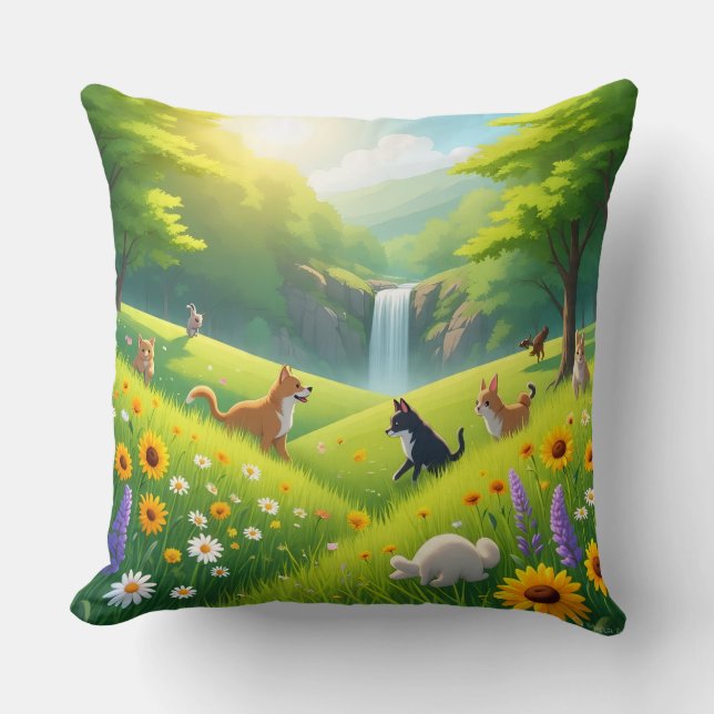 Coussin Throw Pillow Blooming Green Fields & Waterfall Ser (Recto)