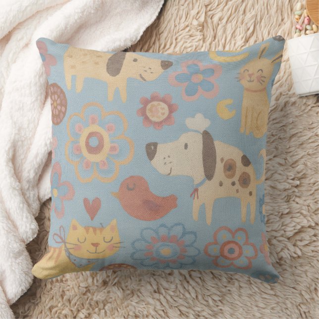 Coussin Throw Pillow - Dogs, Cats, Birds, & Flowers Design (Couverture)