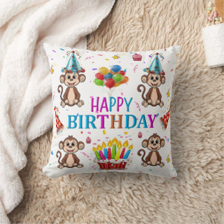 Coussin Throw Pillow, Happy Birthday Monkey Cupcake